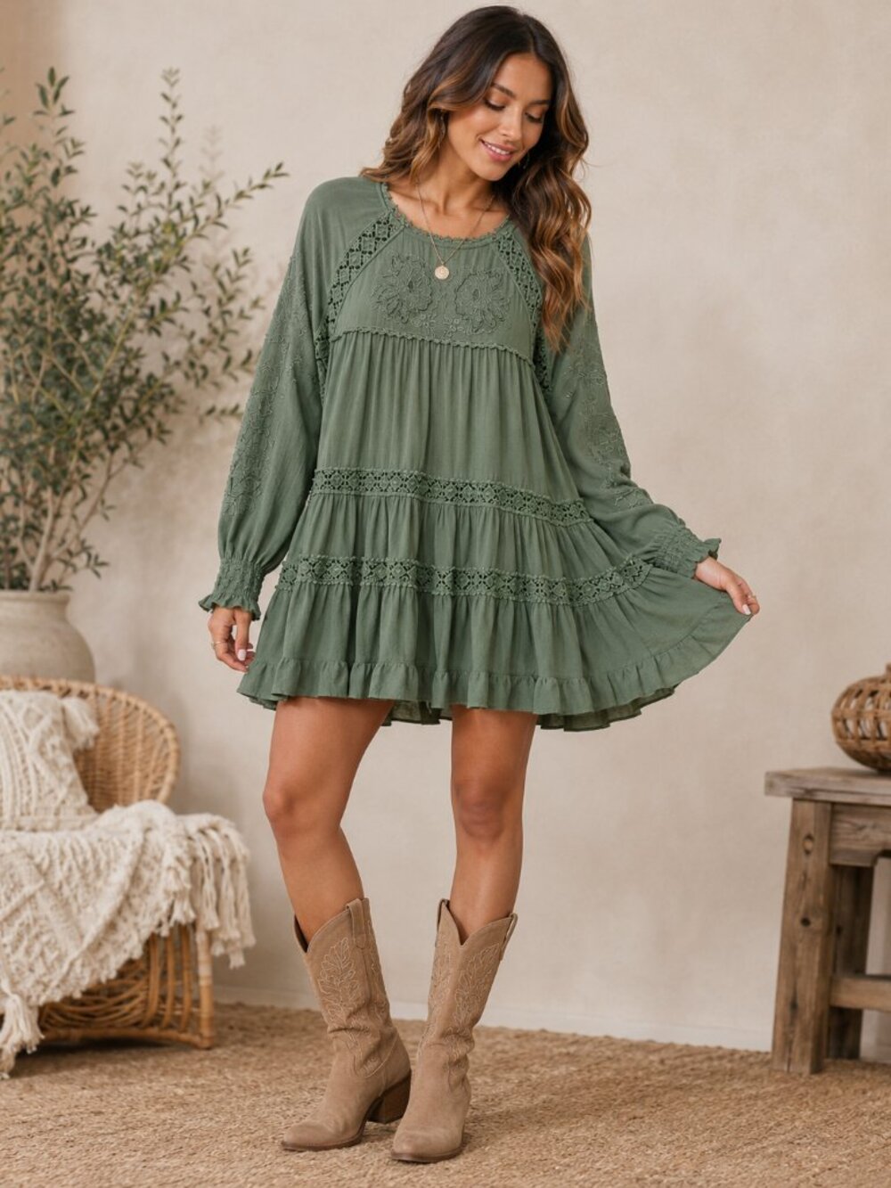 Free People Peasant Cottagecore Mini Dress Sm Sage Green Tunic Lace Crochet Boho